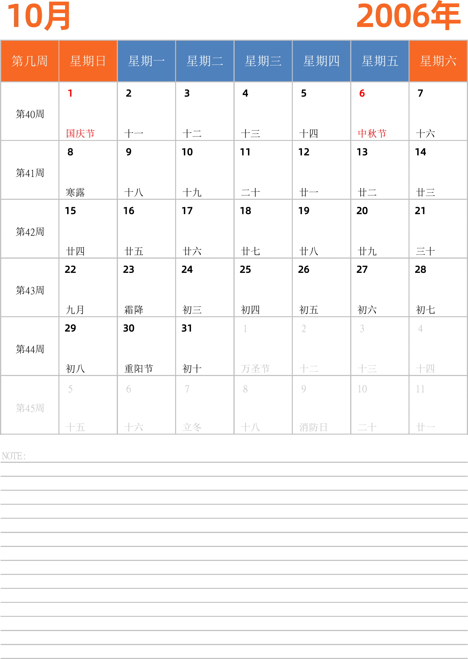 日历表2006年日历 中文版 纵向排版 周日开始 带周数